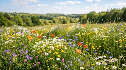 Obraz premium Vibrant Wildflower Meadow in Full Bloom Under a Sunny Blue Sky with Rolling Green Hills in the Background