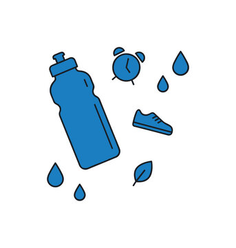 Minimal reusable water bottle as  tool for hydration habit, surrounded by floating contextual elements like droplets, clock