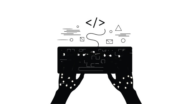 "Vector illustration of hands typing on keyboard with coding symbols, abstract modern design representing programming, software development, and tech creativity"