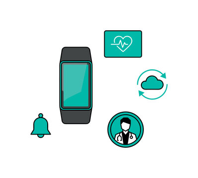 wearable health tracker device as main product with clean rectangular screen, surrounded by floating contextual elements