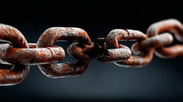 A broken chain: A close-up view of a rusted, broken metal chain against a dark, blurred background, symbolizing a failed connection or a fracture.