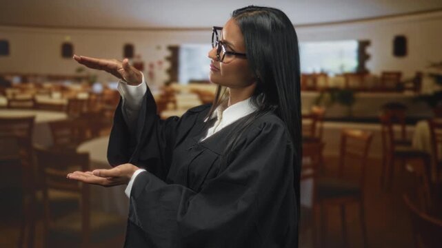 Woman judge in black robe holding palms open as if presenting, wearing glasses in a banquet hall; confidence achievement.