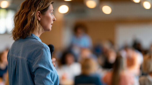 Faceless woman speaking at group neighborhood meeting in community center, civic engagement, public speaking, community gathering, meeting activity, with copy space