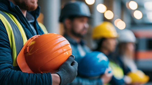 Faceless teamwork of diversity engineer holding helmet standing in row on site work at train garage, banner cover digital design, team unity, with copy space