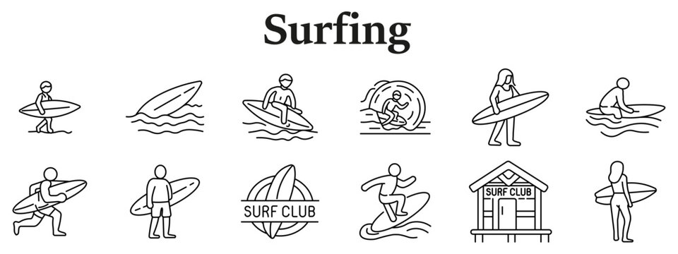 Surfing set icon. Line icons depict surfer standing board, wave board, seated rider, tube wave, female surfer, paddling rider, running surfer, standing figure, surf club emblem, wave riding, beach hut