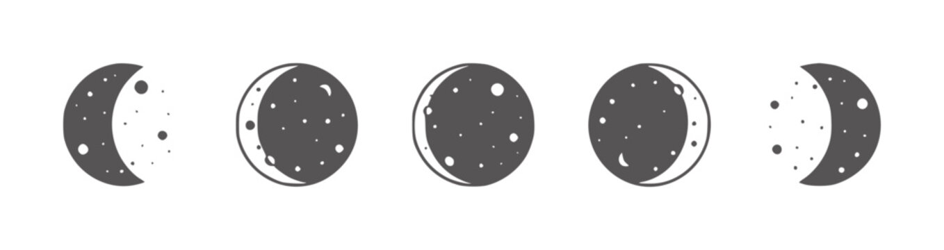 Five dark grey moon phases with white dots white celestial night
