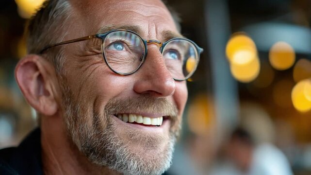 Joyful Senior Man with Glasses: Close-up portrait of a smiling elderly man with glasses, looking upwards with a hopeful and contented expression, illuminated by warm, soft light.