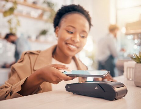 Young Black Woman Making Contactless Mobile Payment at Caf&eacute; Counter &mdash; Fintech and Digital Wallet Concept 4