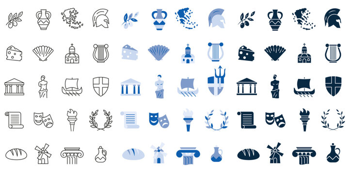 A set of icons featuring Greek symbols in various styles for tourism projects.