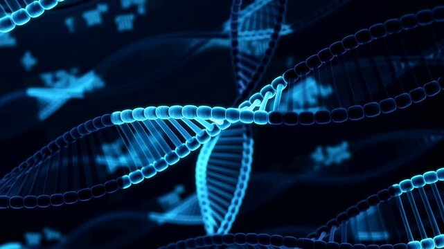 Glowing blue DNA strands on dark abstract background