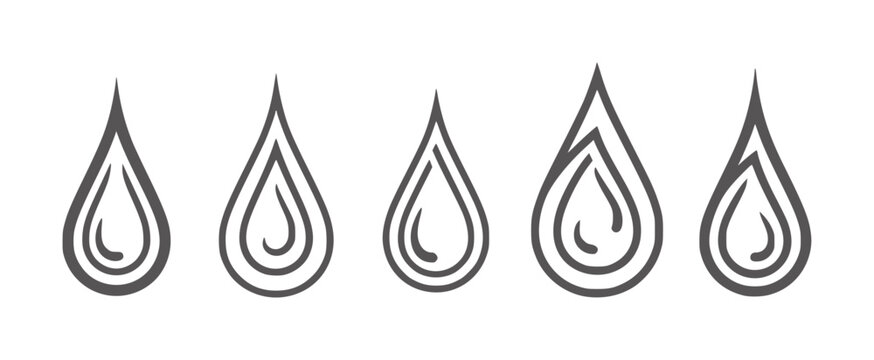 Five stylized dark gray water drops with layered outlines liquid fluid