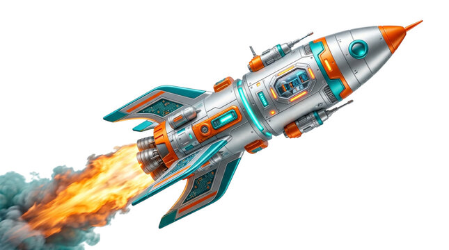 Futuristic rocket ship launching with fire isolated on transparent background