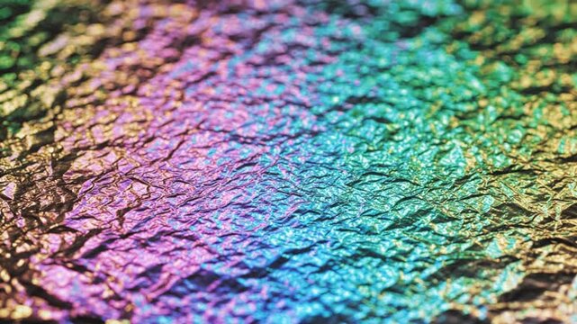 Close-up macro shot of crinkled iridescent foil reflecting a spectrum of vibrant rainbow colors.