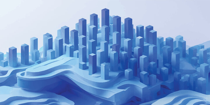 An abstract blue background with binary code overlooks a 3d vector illustration of a night city skyline with glowing skyscraper buildings and reflections