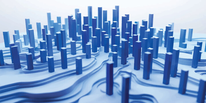 A 3D abstract blue background featuring a modern business city skyline with skyscrapers and architectural buildings where people walk through an urban street night scene