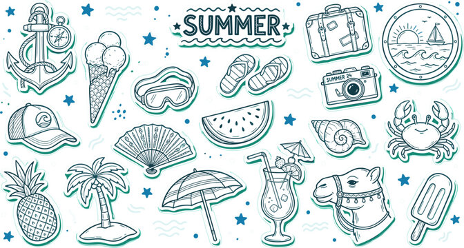 Summer vacation sticker set featuring hand drawn doodle illustrations of beach travel elements and accessories