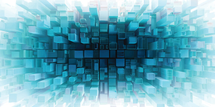 Abstract blue background featuring a digital binary code pattern and geometric square shapes for technology web design