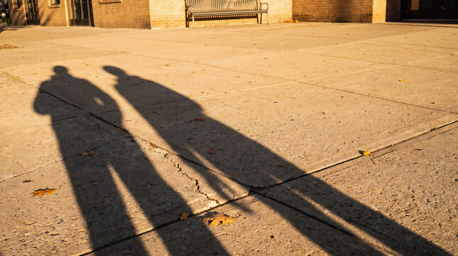 Long shadows of two friends walking together on a sunny sidewalk, International Friendship Day concept
