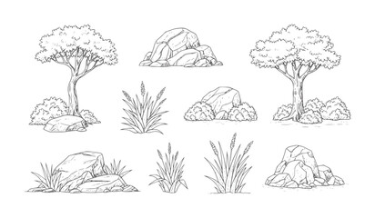 Hand drawn collection of trees rocks and grasses in style bush nature © Mehedi