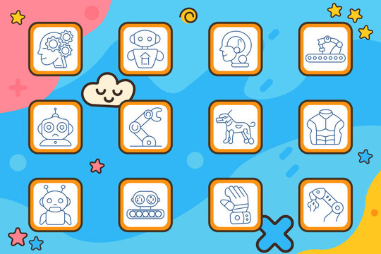 Robotics technology set icon. Line icons depict human head gears, robot home, headset assistant, robotic arm line, robot face, industrial arm, robotic dog, exosuit vest, android head