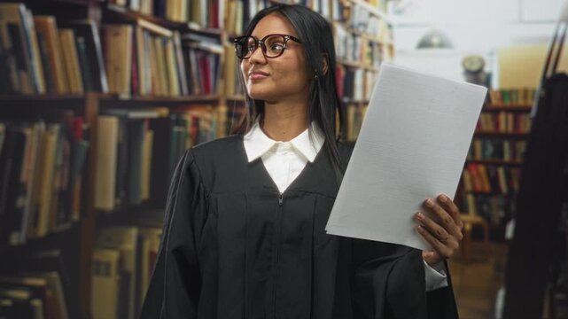 Woman judge in black robe holding a sheet of paper by her right hand among tall library shelves while glancing aside; measured authority.