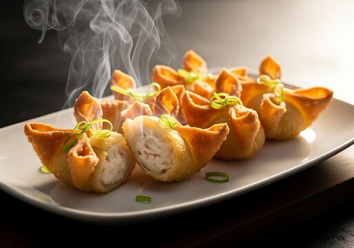Fresh hot fried wontons served on a plate with steam rising. crab rangoon