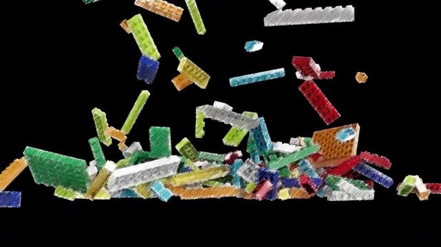 Toy plastic building bricks falling and rotating in slow motion sketch version footage with alpha channel (ProRes, 4K only). 3D FX animation.
