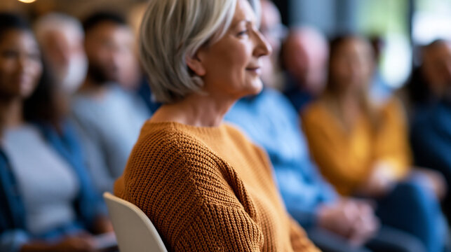 Faceless laughing group attending neighborhood meeting in community center, joyful moment, group laughter, lighthearted gathering, humorous exchange, with copy space
