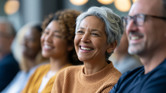 Faceless laughing group attending neighborhood meeting in community center, joyful moment, group laughter, lighthearted gathering, humorous exchange, with copy space