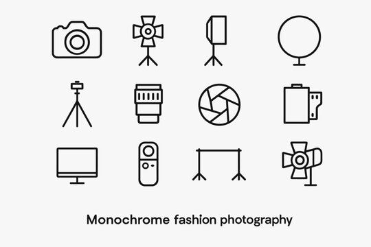 Monochrome Fashion Icons. Monochrome fashion photography. Line outline icon set of Monochrome fashion