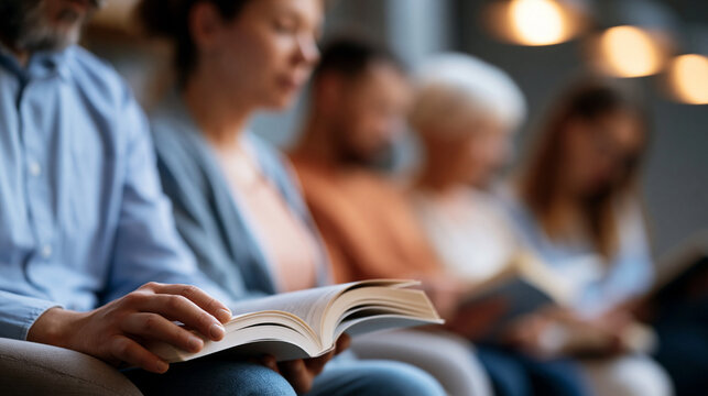 Faceless people attending Bible study or book group meeting in community center, literary discussion, faith-based gathering, group study, educational meeting, with copy space