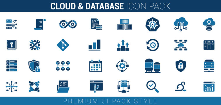 Cloud and database service application icons set including web server network infrastructure hosting digital storage symbols.