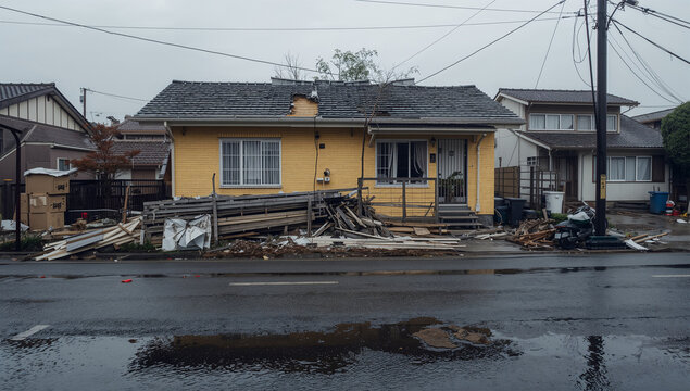 雨上がりの街角で破損した住宅と濡れた瓦礫が広がる風景