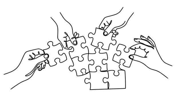 Business teamwork puzzle continuous one line drawing vector hands solving strategy concept outline