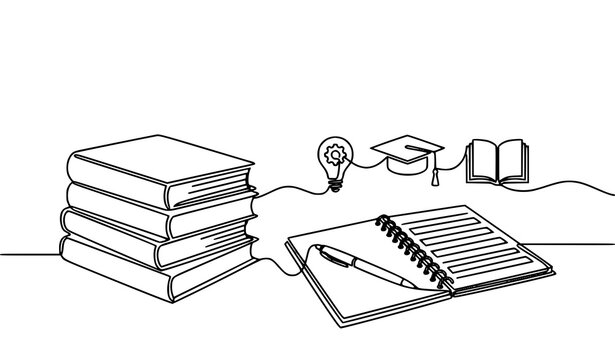 Back to school books continuous one line drawing vector learning education outline design