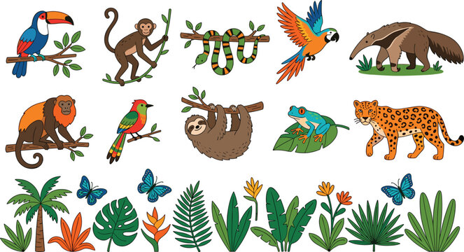 Tropical rainforest animals and exotic plants vector illustration set with jaguar sloth monkey toucan parrot snake frog and monstera leaves icons