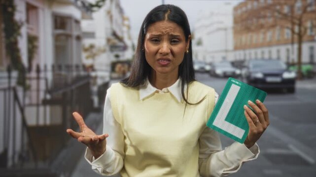 Woman holding a green learner l sign with raised frustrated hand gesture on an urban street; driving test frustration.