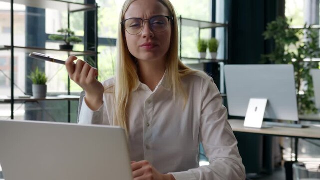 Thoughtful Caucasian businesswoman challenge considering solution with laptop holding pen thinking business woman entrepreneur think online job planning female girl search inspiration office working