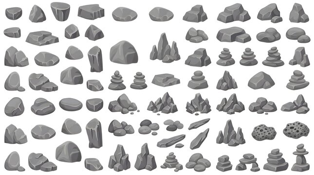 Cartoon rock and stone collection, grey boulder assets for game design, set of 70 stylized mineral and pebble elements on white background