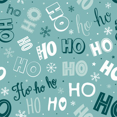Obraz premium Christmas ho ho typography seamless pattern with snowflakes, stars, dots, and teal festive background for holiday designs