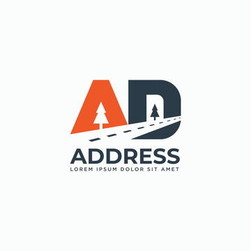 Letter AD with road logo design. AD monogram street road travel journey symbol logo icon