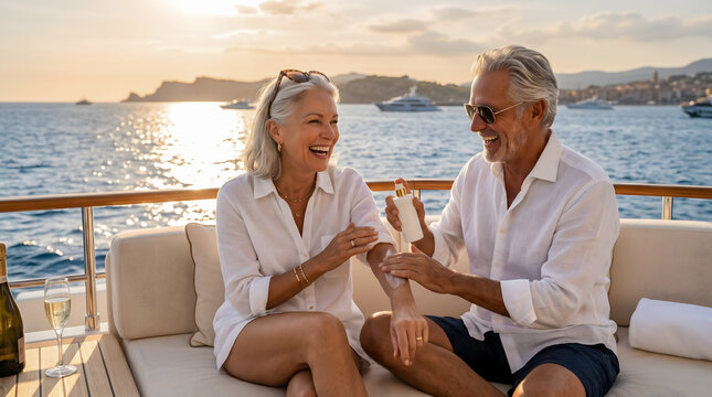 A happy mature man and woman laughing together while protecting their skin during a premium summer cruise vacation on the sea.