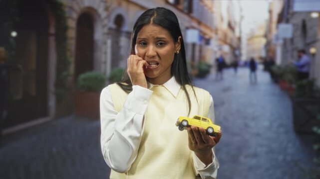 Woman holds yellow toy car in one hand and bites fingernail with other hand on a street; anxiety uncertainty.