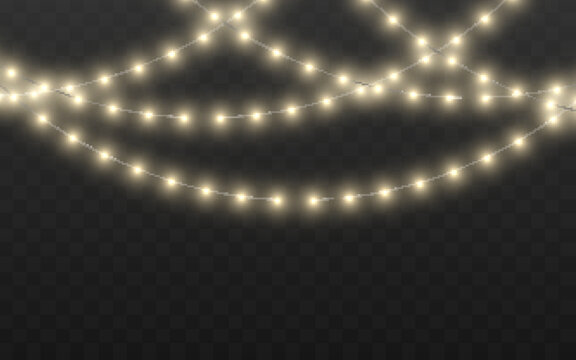 Christmas LED string lights garland isolated on transparent background. Color festive bulbs for holiday decoration use. Vector graphic element.