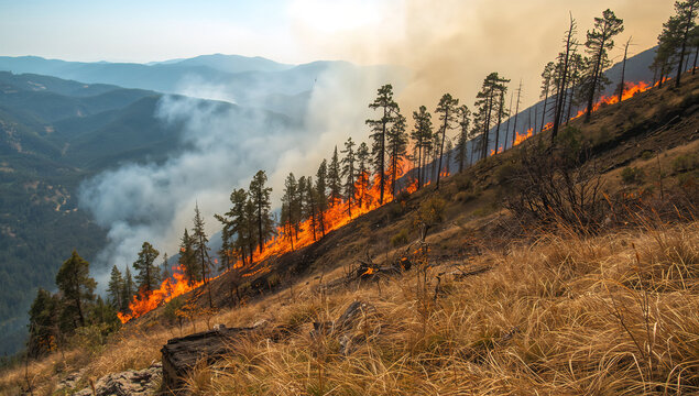 乾いた山の斜面で山火事の炎と煙が森に広がる写真