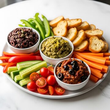 Healthy vegetable appetizer platter with fresh sliced vegetables bread and savory dips. Tapenade appetizer platter 