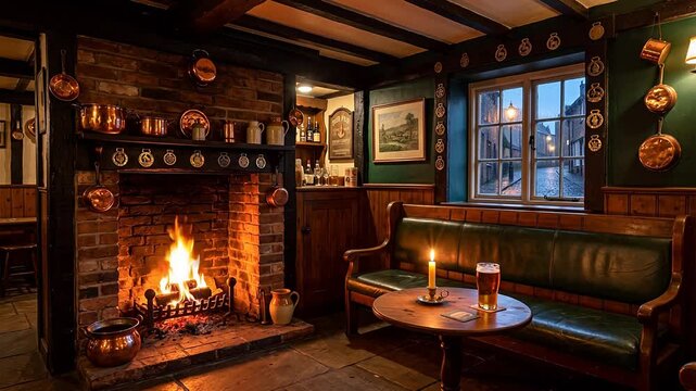 Cozy traditional English pub snug with a crackling brick fireplace, gleaming copper and horse brasses and rain on the window over a cobbled street at dusk &mdash; seamless looping background
