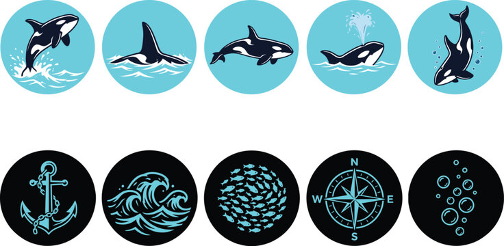 Collection of circular icons featuring orca whales and various nautical elements in a flat style