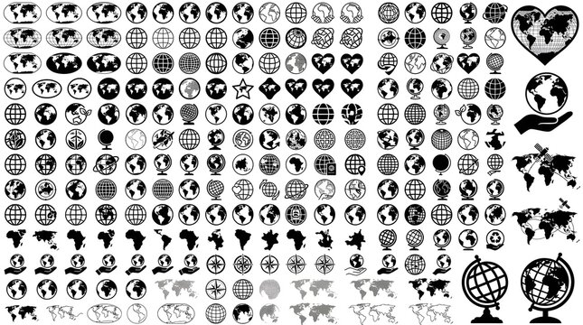 Minimalist world map icon set, black and white globe symbols collection, flat vector earth silhouettes for global business and travel logistics