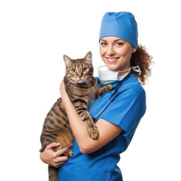 Friendly female veterinarian holding a cute tabby cat isolated on white background
